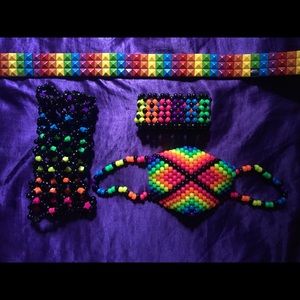Rainbow Emo/Scene Kandi Lot: 2 Cuffs, Belt, Mask